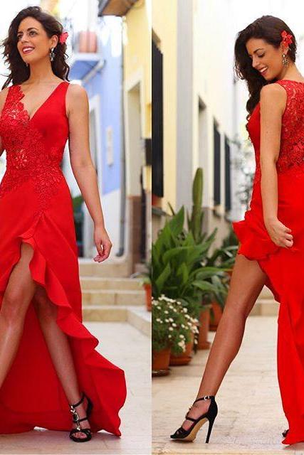 Red Prom Dress,Split Prom Dress,Lace Prom Dress,Fashion Prom Dress,Sexy Party Dress, New Style Evening Dress