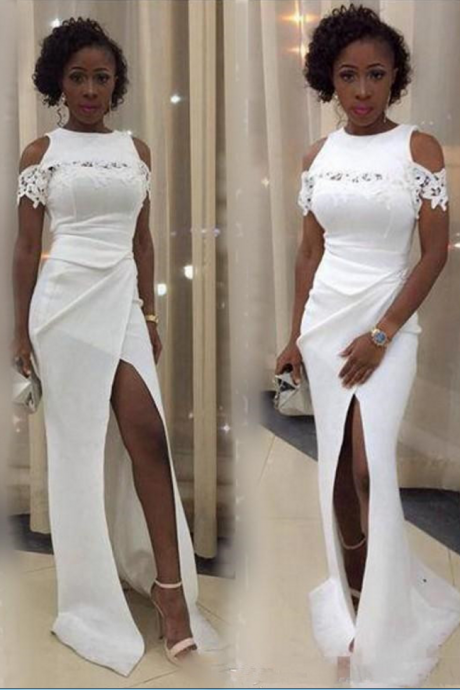White Long Prom Dresses Lace Appliques Off Shoulder Evening Gowns High Split Sexy Formal Party Dress Custom Made