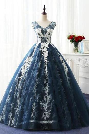 Navy blue tulle V neckling long winter formal prom dress, long lace appliques evening dress