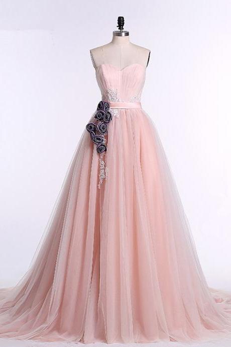 Unique Pink Tulle Sweetheart Neckline Long Senior Prom Dress With Flowers