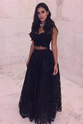 Elegant Black Lace Two Piece Prom Dresses Ball Gowns Floor Length