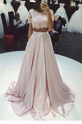 Gorgeous Two-Piece A-Line Pink Lace Long Prom Dress