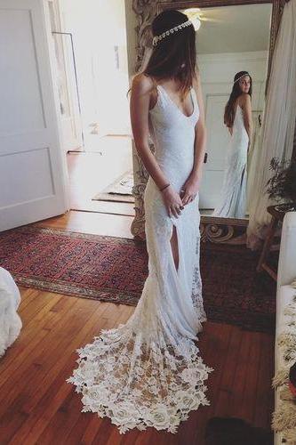 Romantic Boho Wedding Dresses Backless Lace Skirt Mermaid Elegant White Wedding Gowns