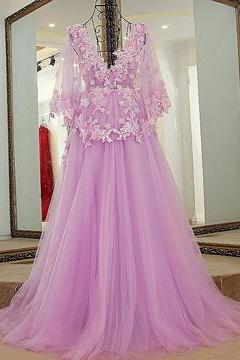 Lilac Tulle Long V Neck Puffy Sleeves Evening Dresses With Flower