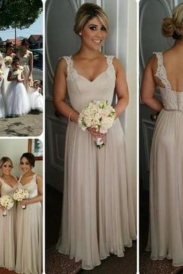Lace Straps A-line Chiffon Cheap Floor Length Bridesmaid Dresses