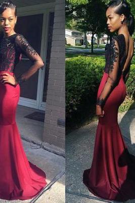 Elegant Long Backless Prom Dress - Burgundy Mermaid Top with Black Lace