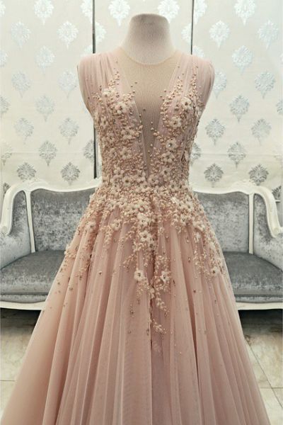 Tulle Prom Gowns,Long Prom Dresses,Blush Pink Prom Dress,Backless Prom Dress,Prom Gowns Beaded, Prom Dress with Pearls Flowers