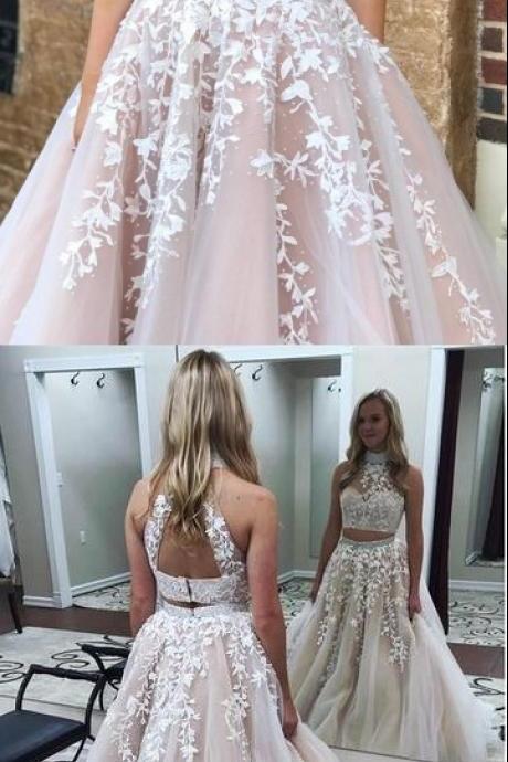 CUSTOM MADE TWO PIECES TULLE LONG PROM DRESS, LACE EVENING DRESS