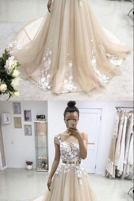 A-line Prom Dresses,champagne Bateau Applique Floor Length Tulle Evening Dress Prom Dresses