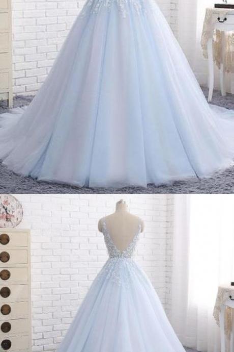 Chic Prom Dresses,a-line Light Sky Blue V-neck Applique Floor Length Tulle Evening Dress Prom Dresses