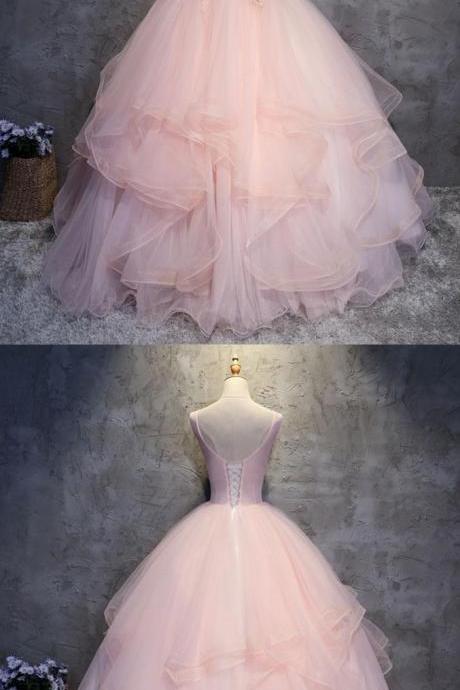 Pink Round Neck Tulle Lace Applique Long Prom Dress, Pink Evening Dress