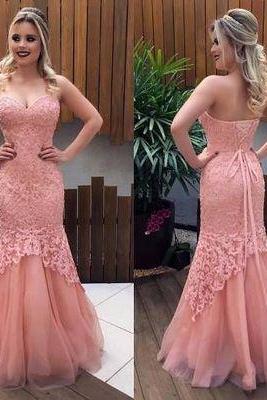 Trumpet/mermaid Prom Dresses,pink Sweetheart Applique Floor Length Tulle Evening Dress Prom Dresses