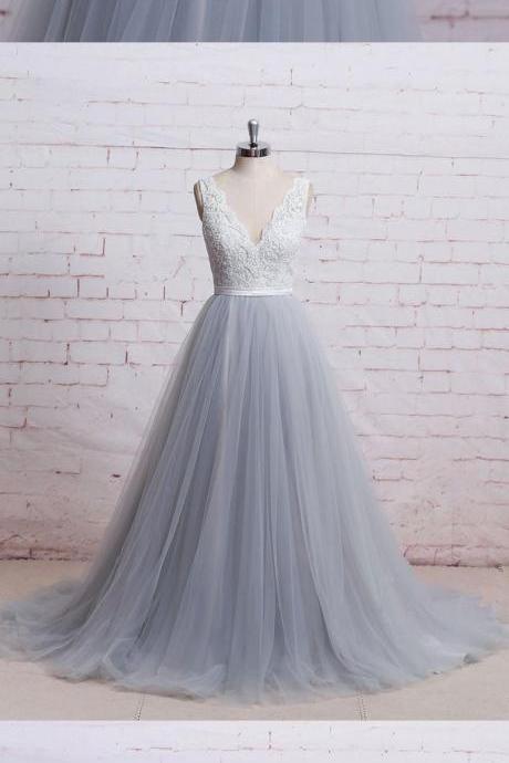 A-line Prom Dresses,v-neck Floor Length Tulle Evening Dress Prom Dresses