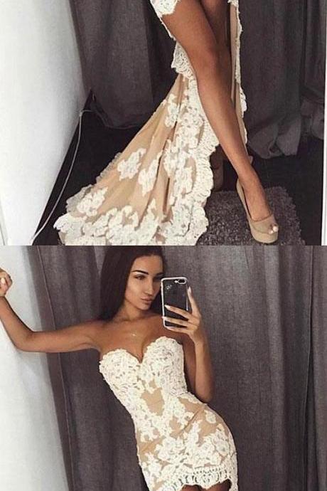 High Low Evening Dress Party Gown,Sexy Lace Sweetheart Mermaid Prom Dresses,Formal Gown 