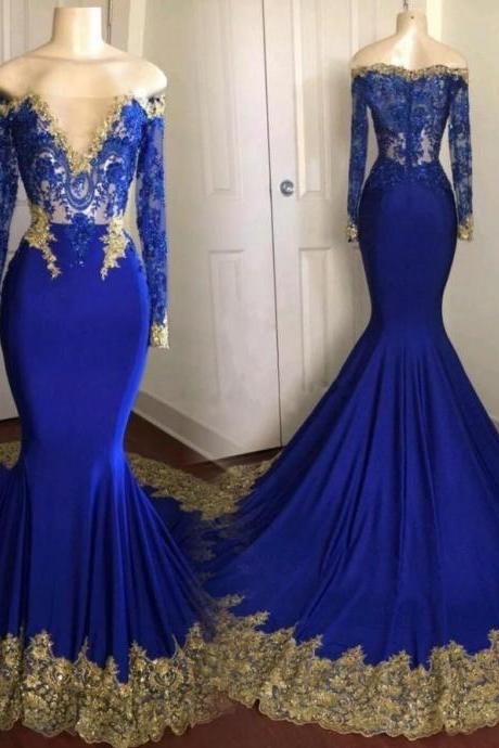 2018 New Royal Blue Long Sleeve Mermaid Prom Dresses Off the Shoulder Lace Appliques Court Train Party Dress Gowns