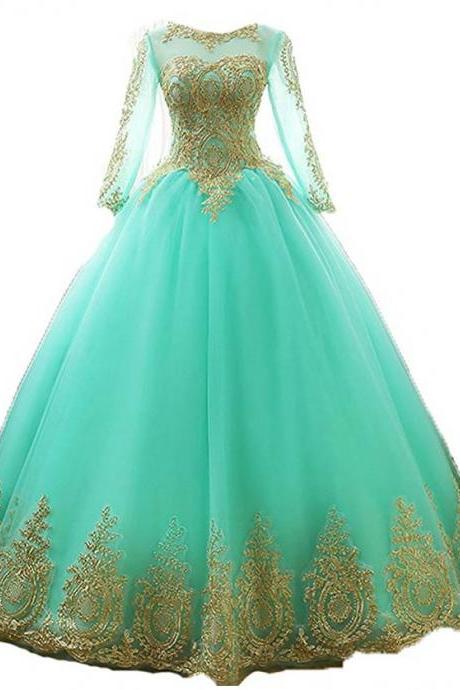 Gorgeous Long Prom Dresses Girls' Ball Gown Gold Lace Appliques Quinceanera Dresses Long Sleeve Floor Length Tulle Party Dresses