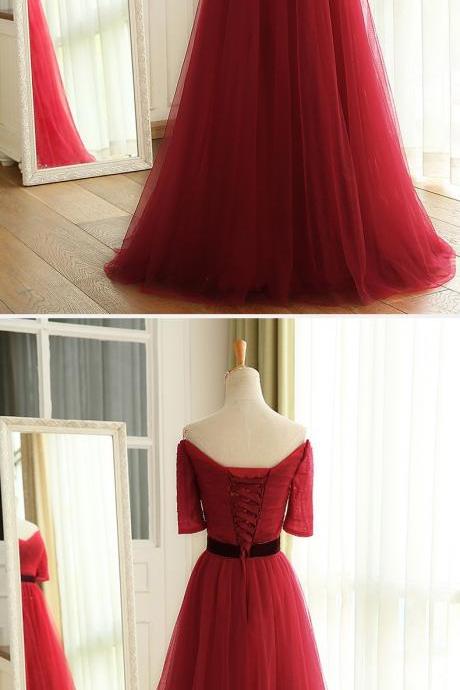 2018 Wine Red Long Floor Length Off The Shoulder Ruched Tulle Bridesmaid Dresses With Half Sleeves Wedding Party Dress