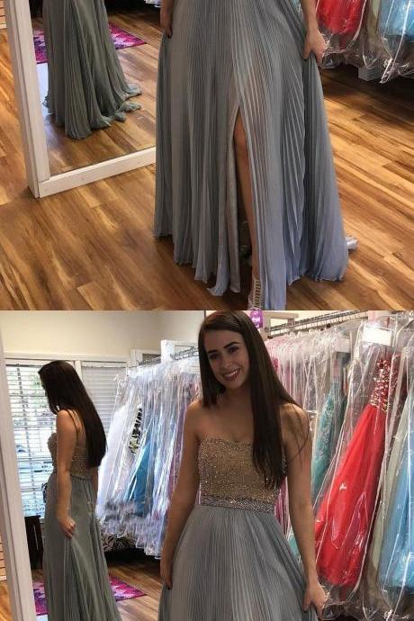 Charming Strapless Prom Dress, Sexy Beading Prom Dresses, Split Side Long Evening Party Dress