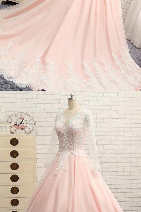 Quinceanera Dress,sweet Dresses,blush Pink Chiffon Long Lace A-line Senior Prom Dress With Sleeves