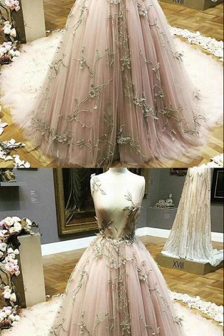 Unique Tulle Applique Long Prom Dress, Formal Dress