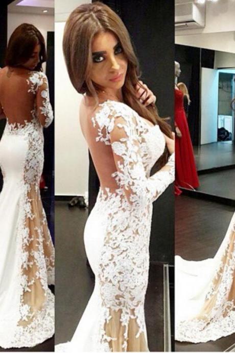 White and Champagne Prom Dress Mermaid Long Sleeves Appliqued Lace Prom Dresses 2018 Backless Pageant Gowns
