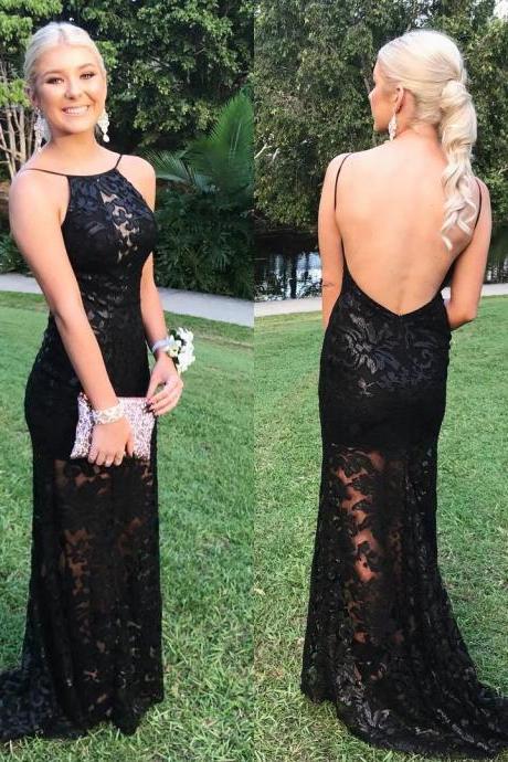 Black Lace Backless Mermaid Evening Dress, Sexy Long Party Dress For Prom