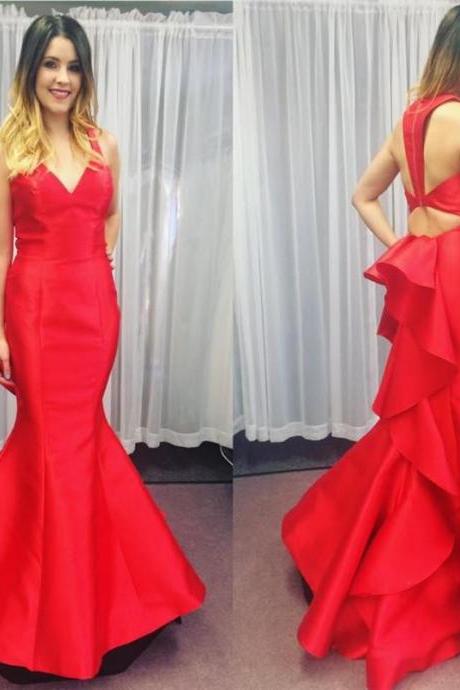 Red Mermaid Formal Evening Dress Arrival Open Back V Neck Floor Length Satin Party Dresses Arabic Prom Party Gowns