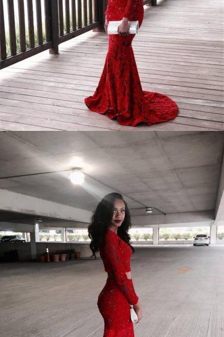 Two Pieces Red Sexy Mermaid Prom Dresses Dubai Long Sleeves Lace African Beads Sequins Formal Evening Party Gowns