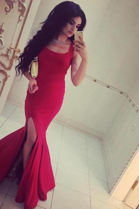 Long Red Jersey Prom Dress,elegant Formal Dress,slit Prom Dress,red Evening Gowns,prom Dress Mermaid