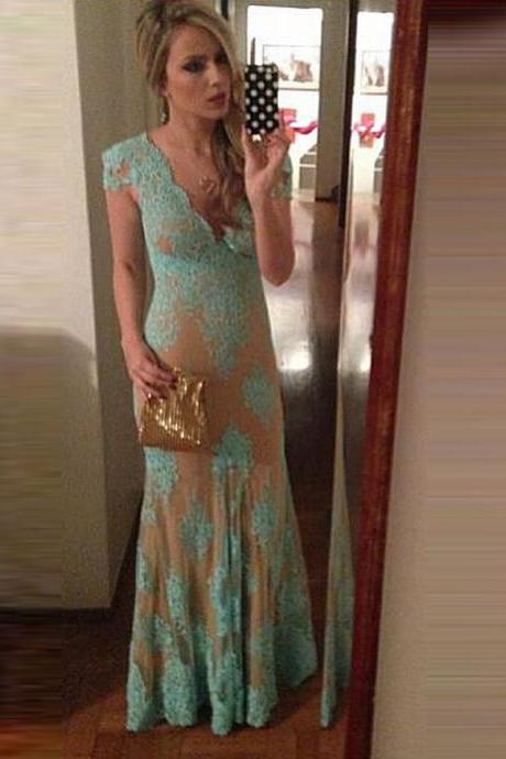 Deep V neck Cap Sleeve Lace Appliques Evening Dresses ,Sexy Backless Cheap Mermaid Prom Dresses, Women Formal Party Dress