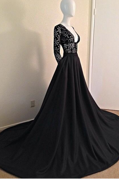 Black Lace Plunge V Long Sleeves Floor Length Formal Gown, Prom Dress