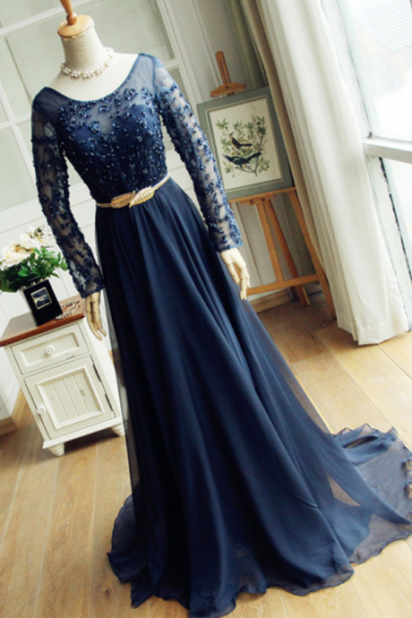 Navy Blue Dress Lace Gown Long-sleeved Blouse Beading Pearl Chiffon Gown 10108