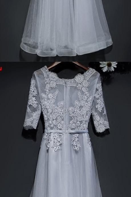 Chiffon Silver Lace Party Dress Short Sleeves Formal Dress
