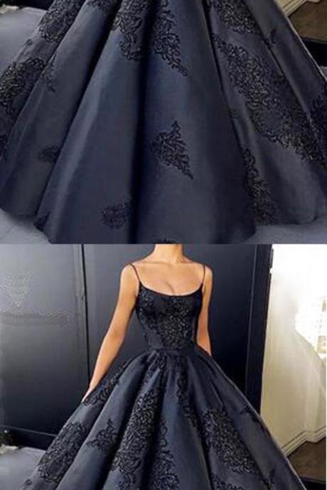 Black satin customize A-line long winter formal prom dress, long evening dress with appliques 10017