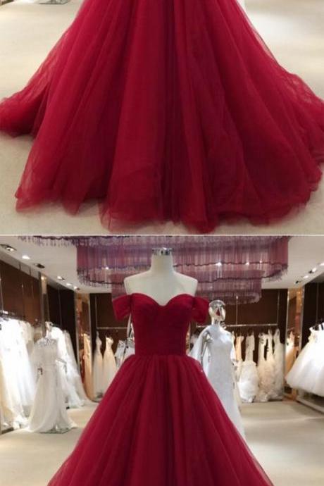 Simple burgundy tulle long sweetheart neckline evening dress with sleeves 10016