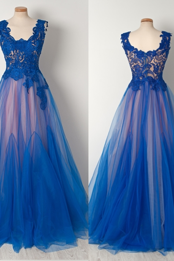 Blue Lace Plunge U Sleeveless Floor Length Tulle Formal Dress, Prom Dress