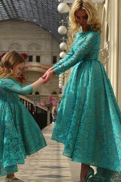 Modern Green Prom Dresses, Long Sleeve High Low Prom Dress, Asymmetrical Floral Lace Prom Dress 10043