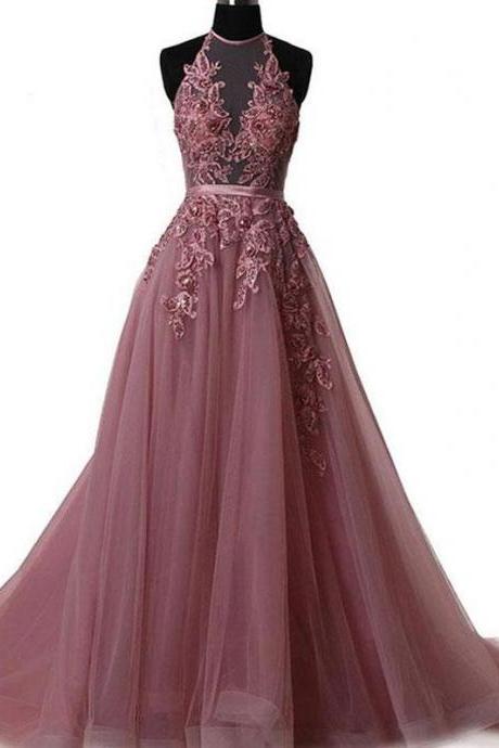 Lace Appliqués Mesh Halter Floor Length Tulle A-line Formal Dress Featuring Lace-up Open Back, Prom Dress