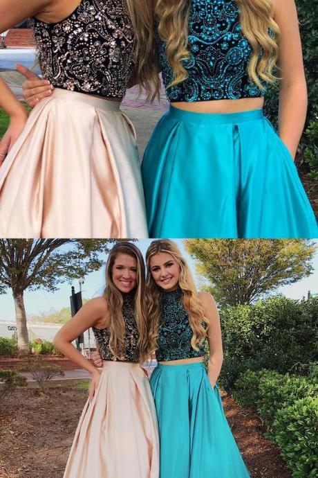 Gorgeous Prom Dresses,two Piece Prom Dress,beads Prom Dresses,long Prom Dress,high Neck Prom Dresses 10081
