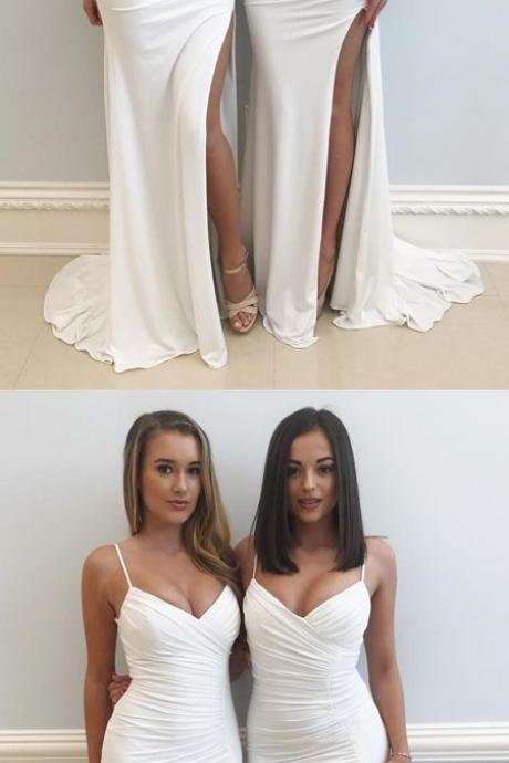 Sexy Mermaid Spaghetti Straps White Chiffon Long Prom/Evening Dress with Split-Side 10083