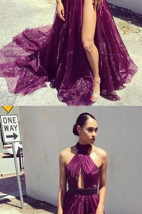 Sexy A-Line High Neck Sleeveless Keyhole Organza Long Prom with Split-Side and Beading 10087