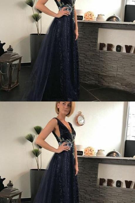 Stylish A-Line V-Neck Sleeveless Long Prom/Evening Dress With Appliques 10193