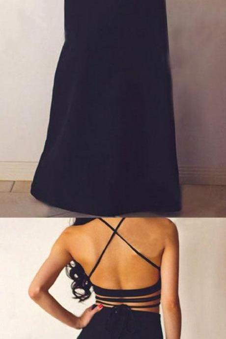 TWO PIECES POPULAR LACE UP BACK BLACK SPAGHETTI STRAP HALTER SEXY BLACK PROM DRESSES 10200