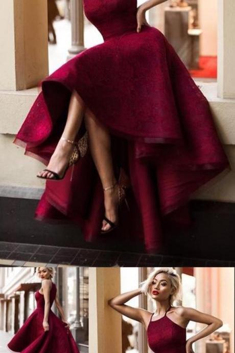Simple A-Line Square Hi-Lo Burgundy Lace Sleeveless Prom Dress 10205