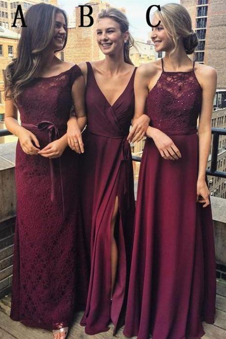 Burgundy Mismatched Charming Affordable Lace Long Bridesmaid Dresses 10415