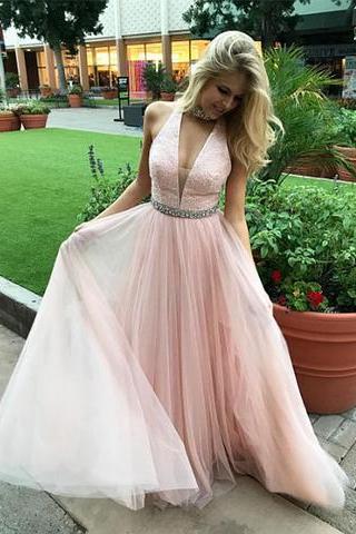 Pink sequins chiffon long prom dress, pink evening dress 10706