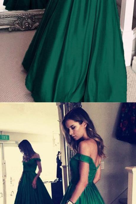 Dark Green Satin V-neck Prom Long Dresses Off Shoulder Evening Gowns Beaded Sashes