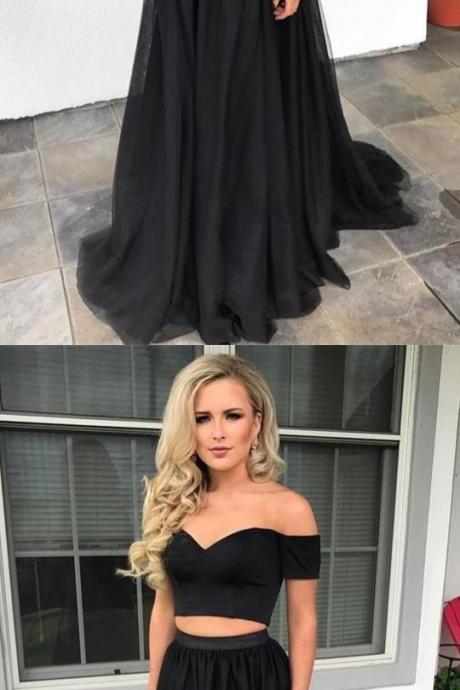Two Piece Off-the-shoulder Sweep Train Black Tulle Prom Dress, Black Prom Dresses,two Piece Prom Dresses, Simple Prom Dresses, Long Prom Dresses