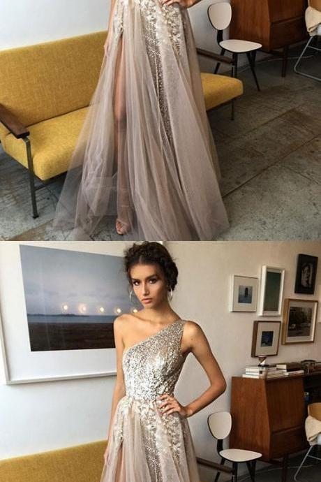 One Shoulder Sexy Side Slit Heavily Beaded Long Evening Prom Dresses, Popular Cheap Long 2018 Party Prom Dresses