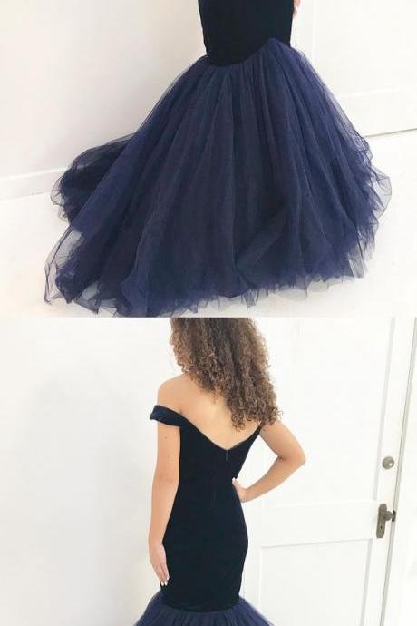 Off The Shoulder Navy Blue Mermaid, Long Prom Dress, 2018 Prom Dress, Senior Prom Dress